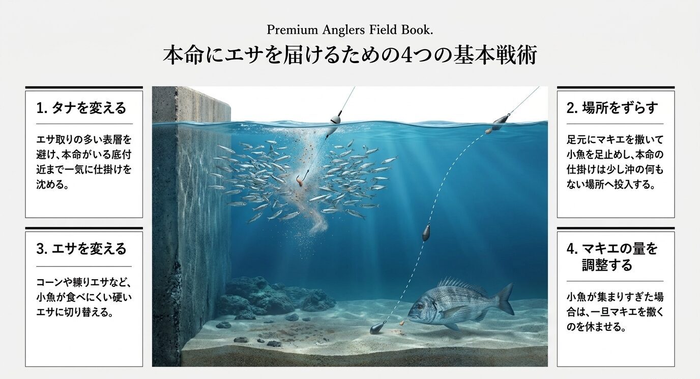 エサ取りを避けて本命魚へ仕掛けを届けるための、タナ変更・投入場所の調整・付けエサ変更・マキエ量調整を示したスライド