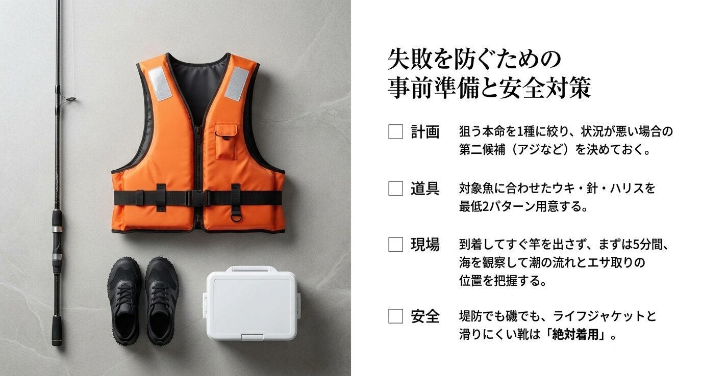 フカセ釣りで失敗を防ぐために、狙う魚の計画、道具準備、現場観察、安全装備を確認するチェックリスト