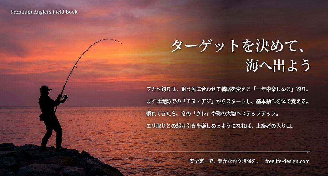 夕暮れの海で竿を曲げる釣り人のシルエットとともに、狙う魚を決めてフカセ釣りへ出かけることを促すスライド