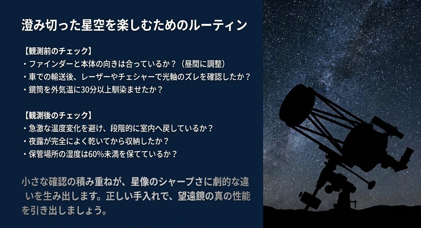 ファインダー調整、光軸確認、温度順応、乾燥、湿度管理など観測前後のチェック項目を示すスライド