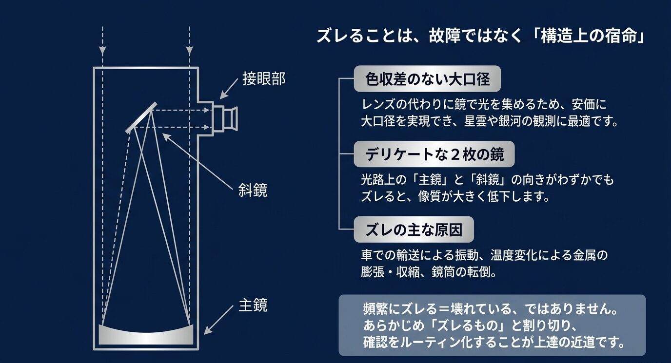 反射式望遠鏡の主鏡、斜鏡、接眼部の配置と光軸ズレが起きる理由を示す図解