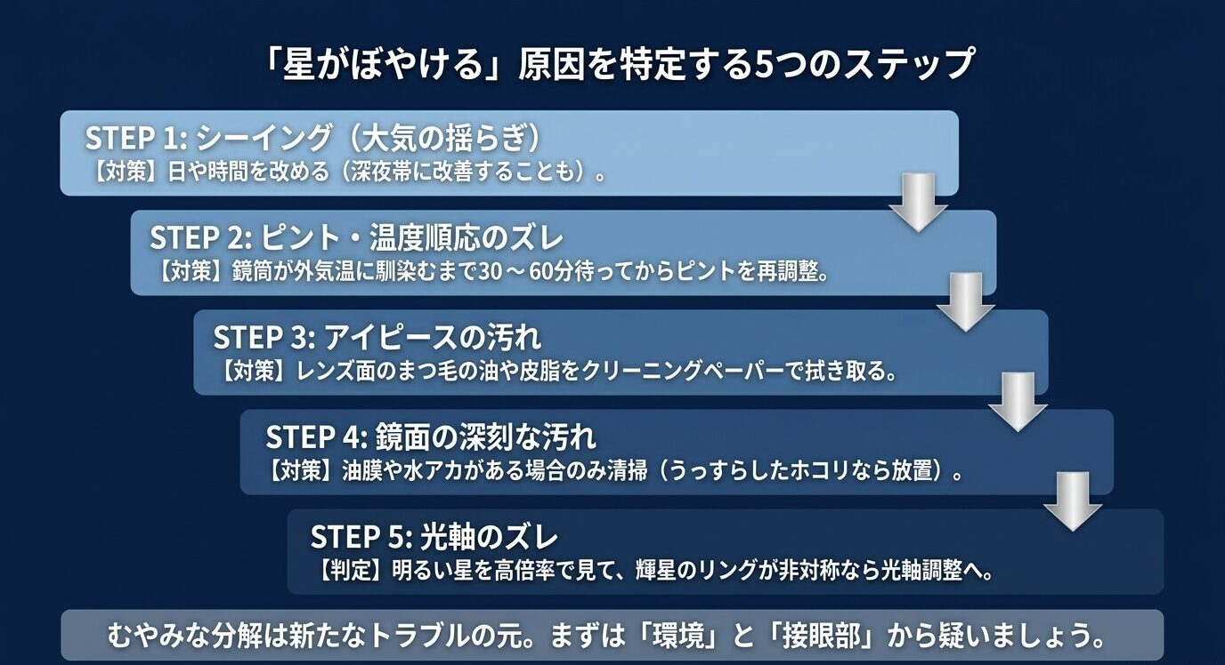 星像がぼやける原因を5つのステップで確認する流れを示すスライド