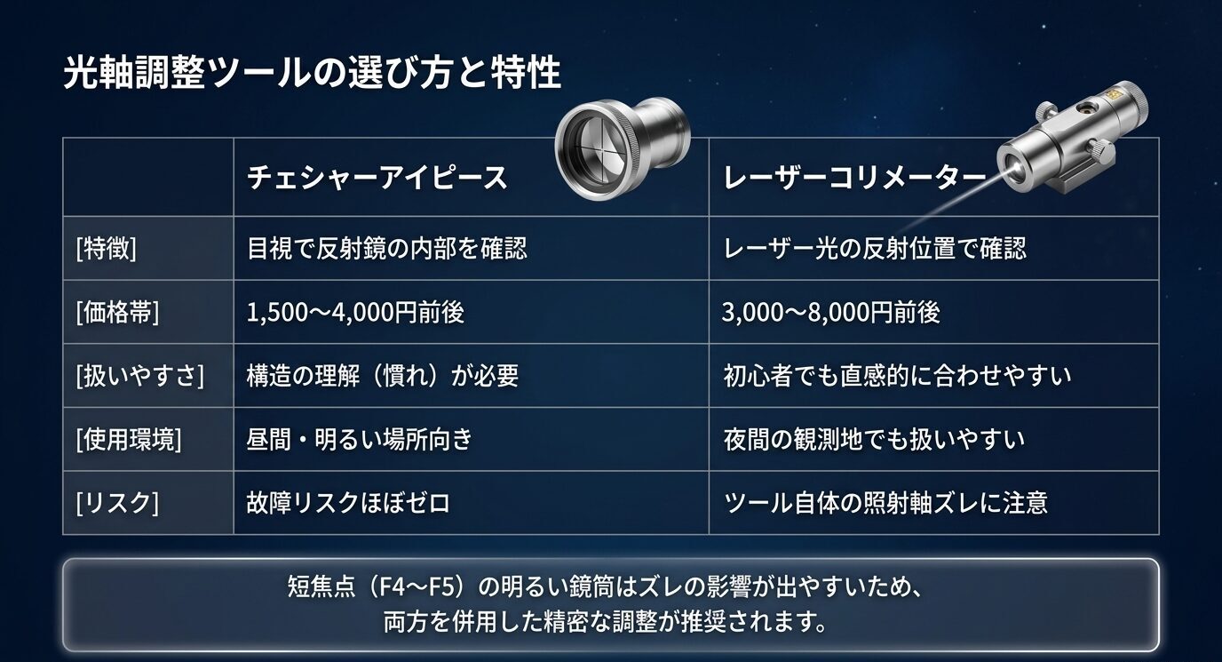 チェシャーアイピースとレーザーコリメーターの特徴、価格、扱いやすさを比較したスライド