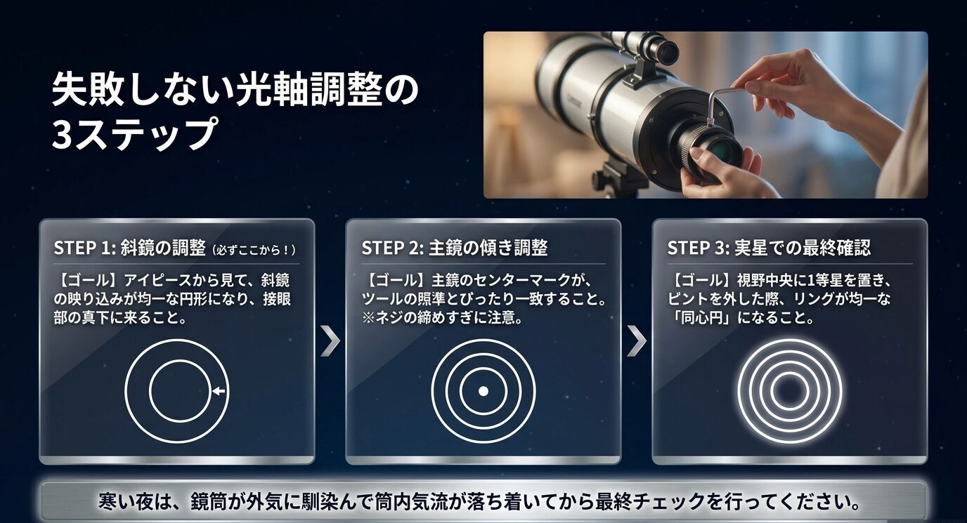 反射式望遠鏡の光軸調整を斜鏡、主鏡、実星確認の3ステップで示すスライド