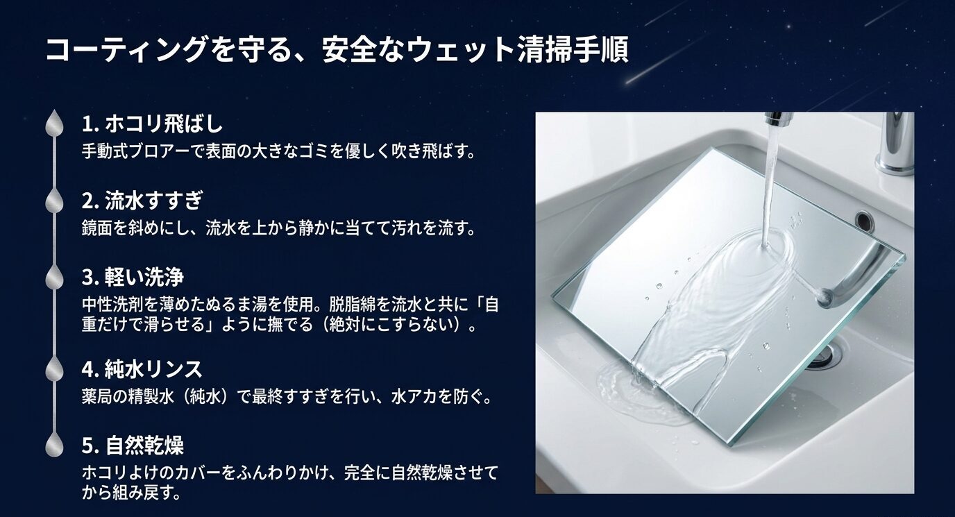 反射式望遠鏡のミラーをホコリ飛ばし、流水すすぎ、軽い洗浄、純水リンス、自然乾燥で清掃する手順を示すスライド