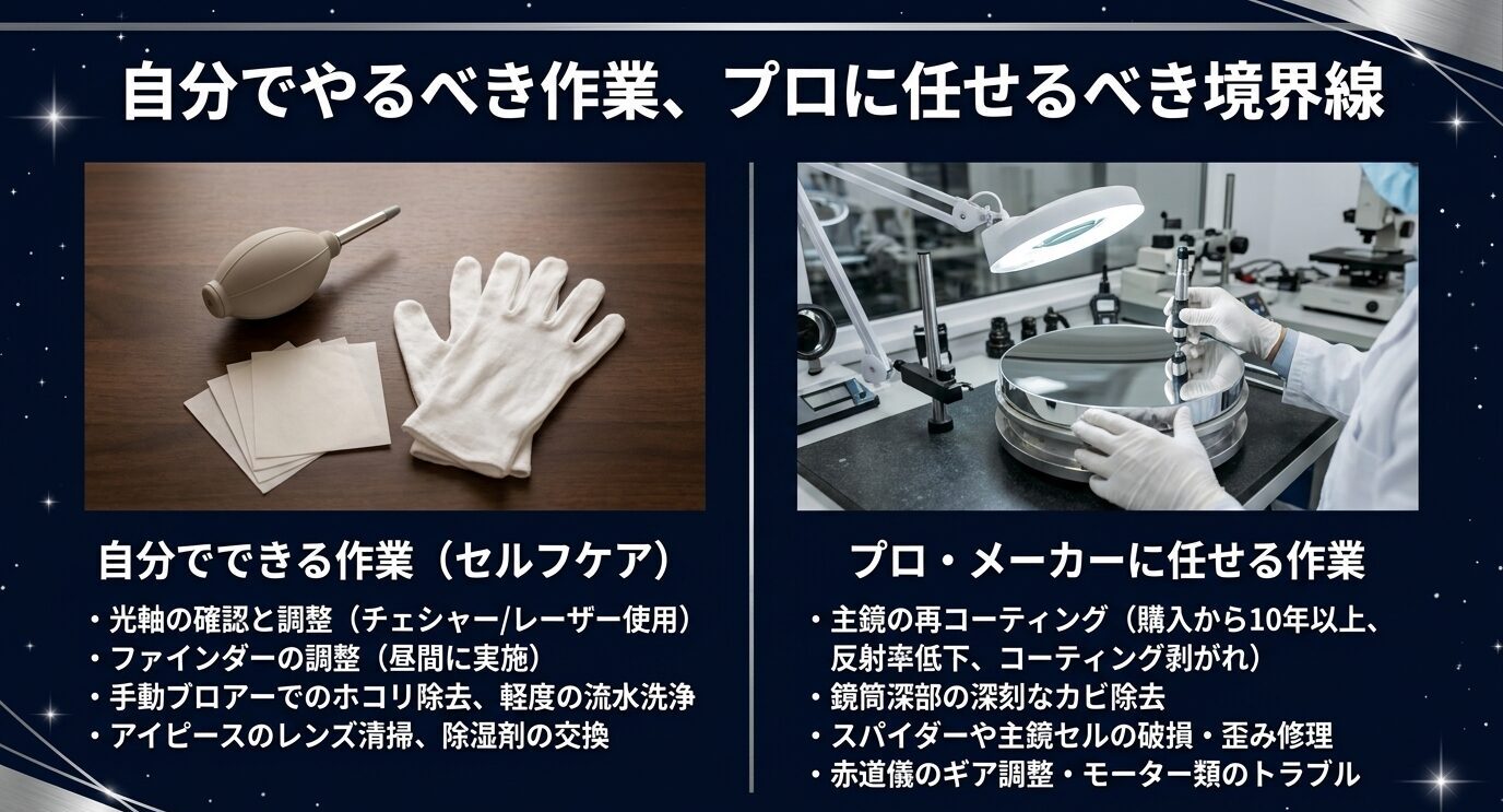 光軸調整や軽い清掃など自分でできる作業と、再コーティングや深いカビ除去など専門店に任せる作業を比較したスライド