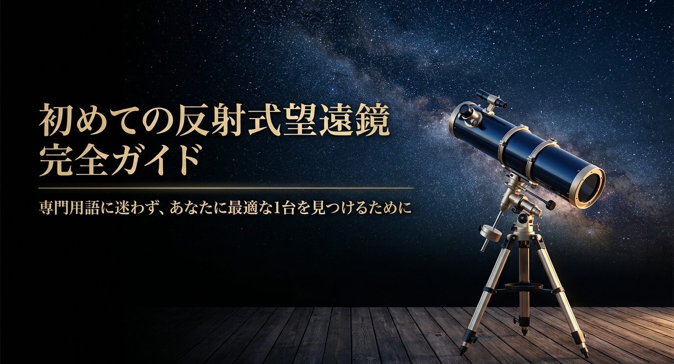 星空と反射式望遠鏡を背景に、初心者向けの反射式望遠鏡ガイドであることを示すスライド