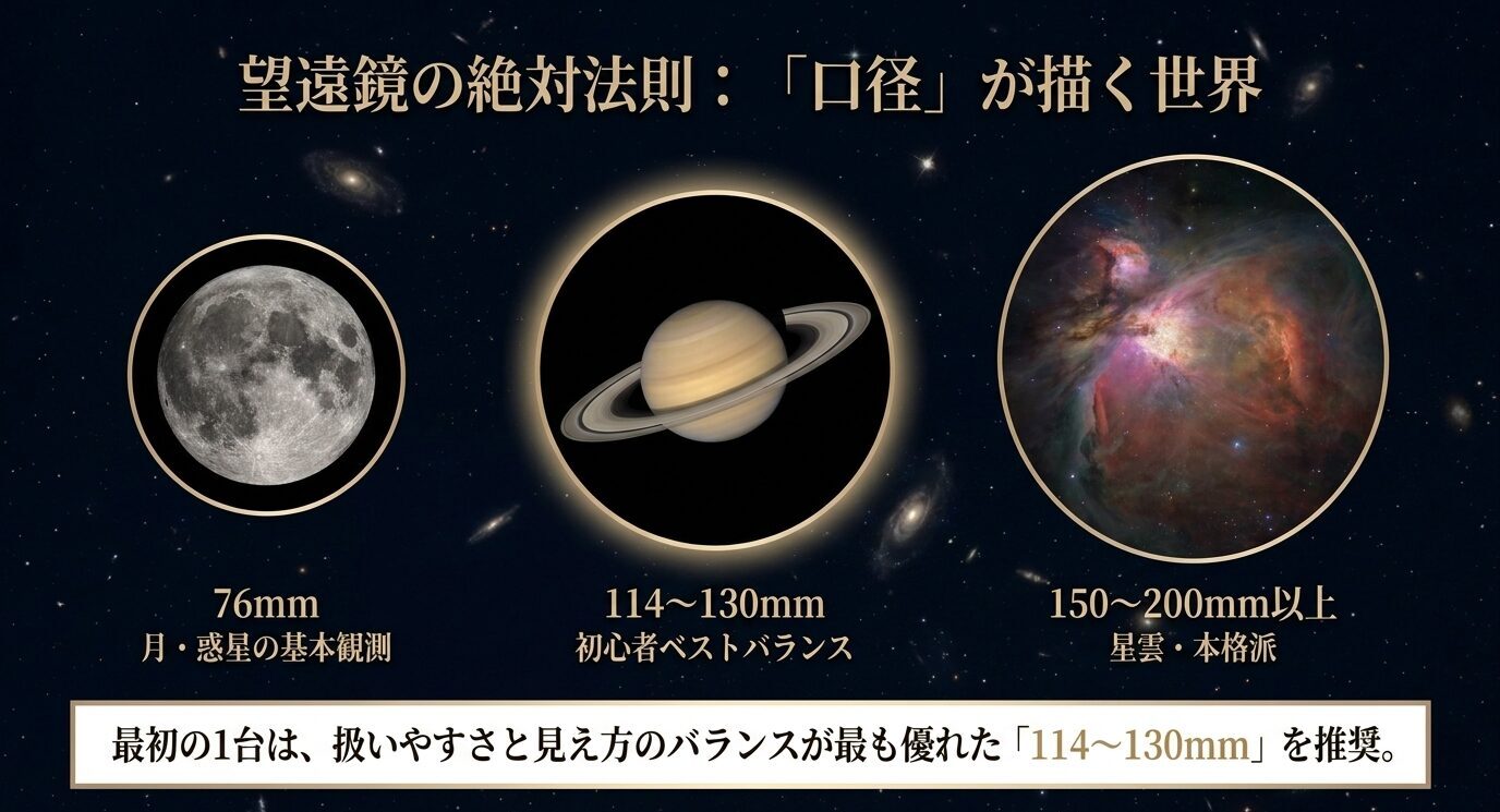 76mmは月や惑星の基本観測、114〜130mmは初心者向け、150〜200mm以上は星雲観測向けであることを示すスライド
