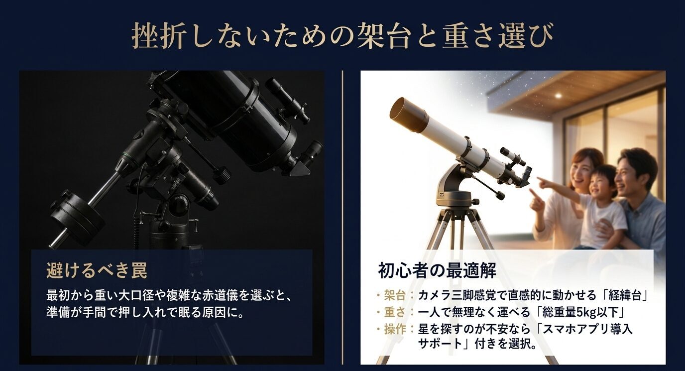 初心者には経緯台、総重量5kg以下、スマホアプリ導入サポート付きが扱いやすいことを示すスライド