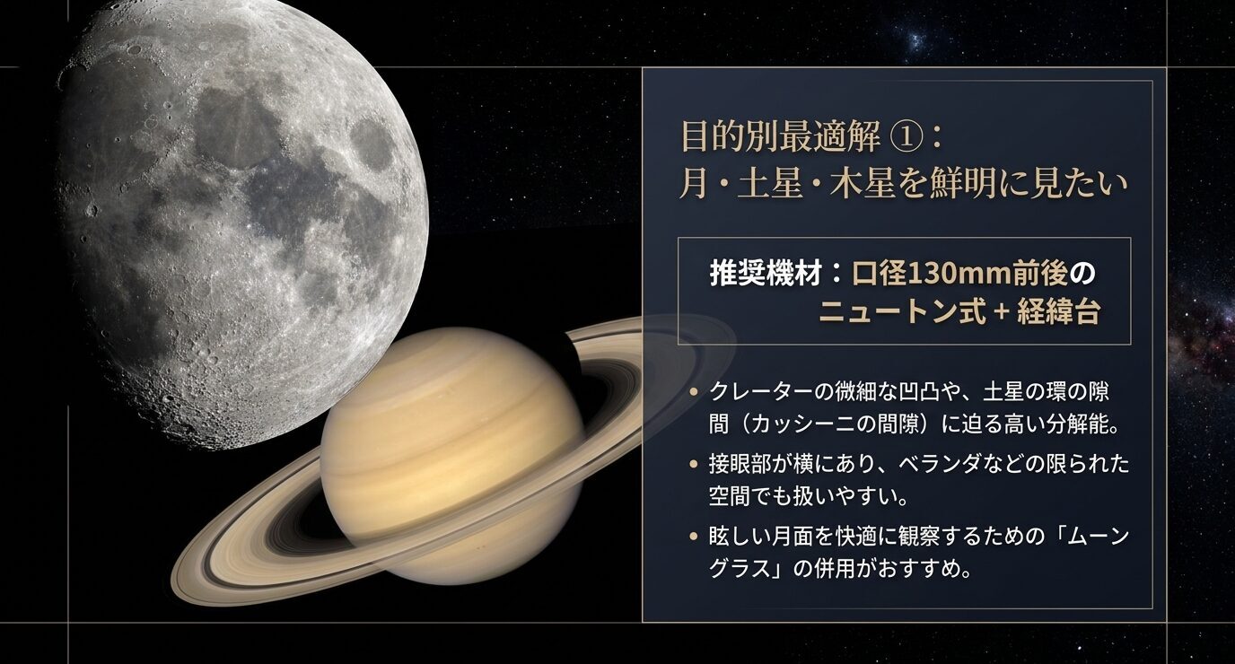 月や土星、木星を鮮明に見たい場合は、口径130mm前後のニュートン式反射望遠鏡と経緯台の組み合わせが推奨されることを示すスライド