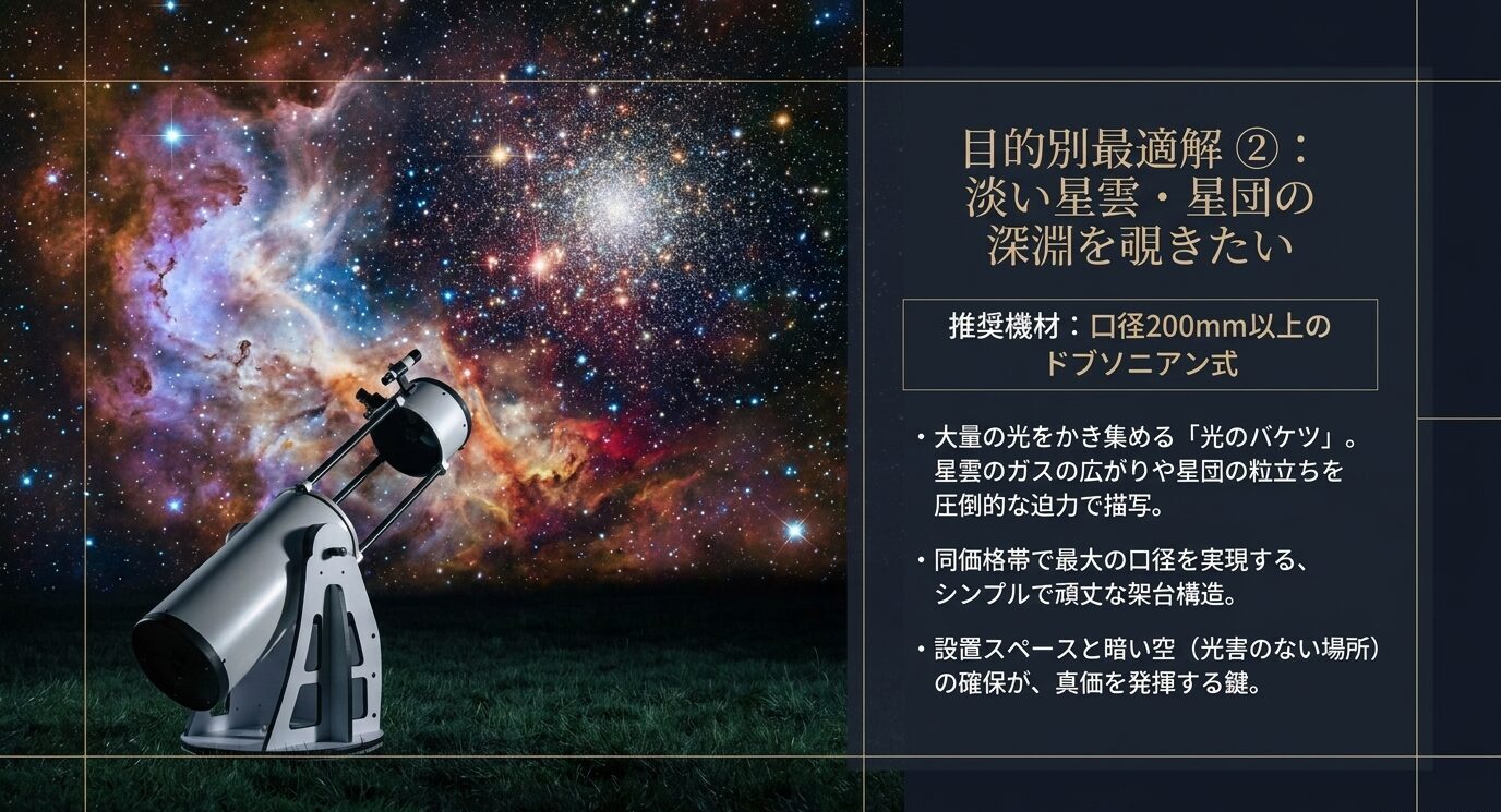淡い星雲や星団を見るには、口径200mm以上のドブソニアン式が向いており、設置スペースと暗い観測環境が重要であることを示すスライド