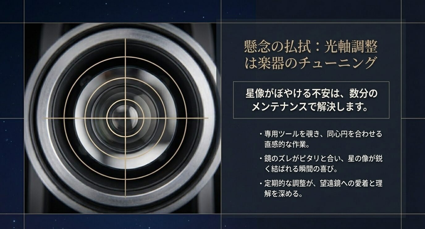 反射式望遠鏡の光軸調整は、専用ツールで同心円を合わせる基本的なメンテナンスであることを示すスライド