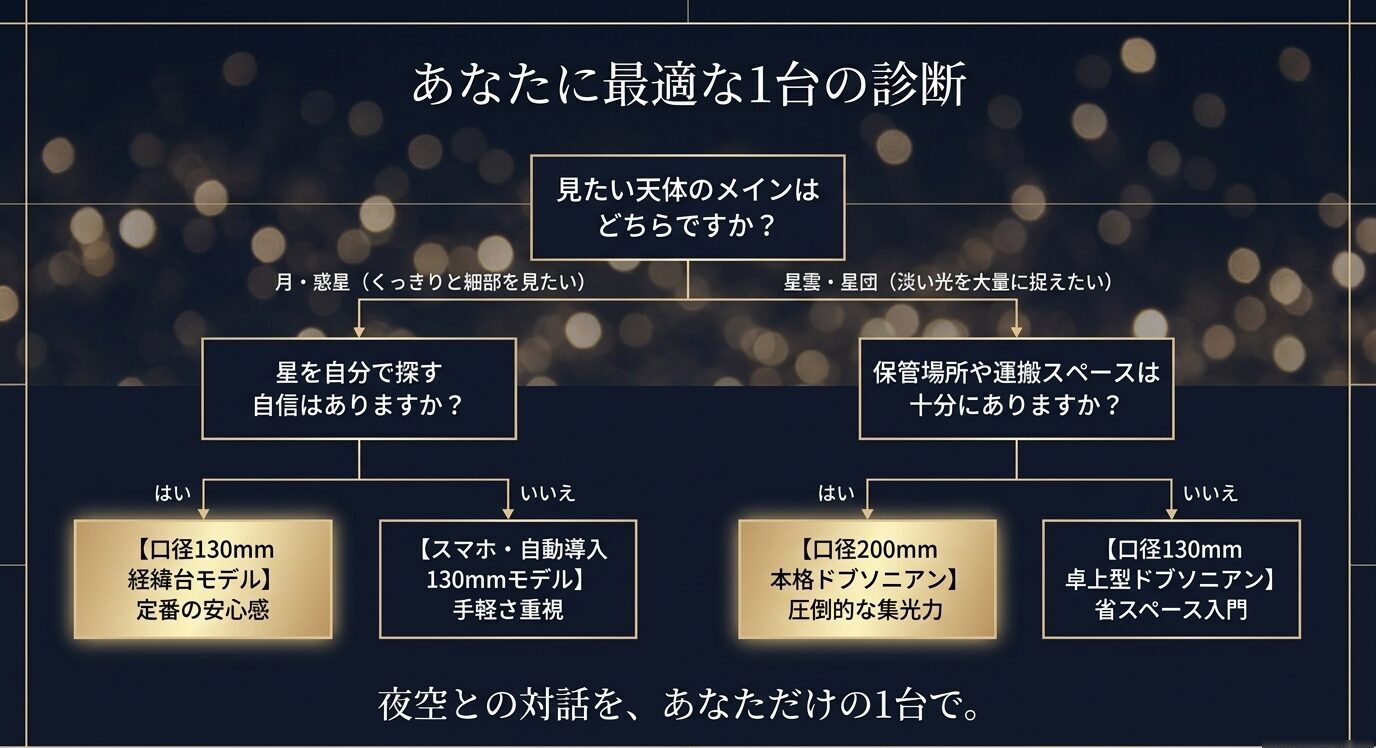 見たい天体や星を自分で探す自信、保管場所や運搬スペースの有無から、最適な反射式望遠鏡を選ぶ診断チャート