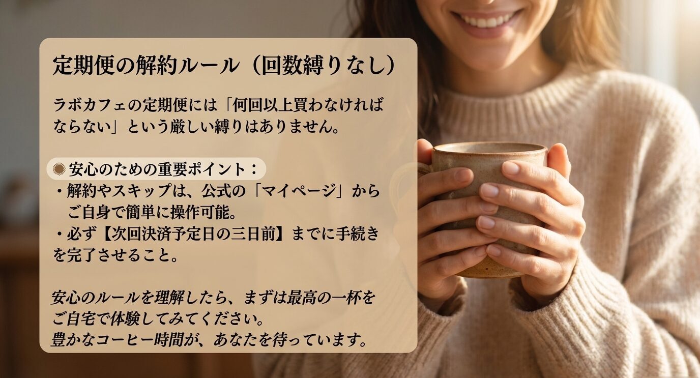 ラボカフェ定期便は回数縛りがなく、解約やスキップはマイページから次回決済予定日の3日前までに行うことを説明したスライド