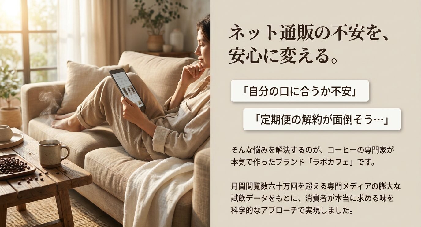 ラボカフェ通販で自分の口に合うか、定期便の解約が面倒ではないかという不安を整理したスライド