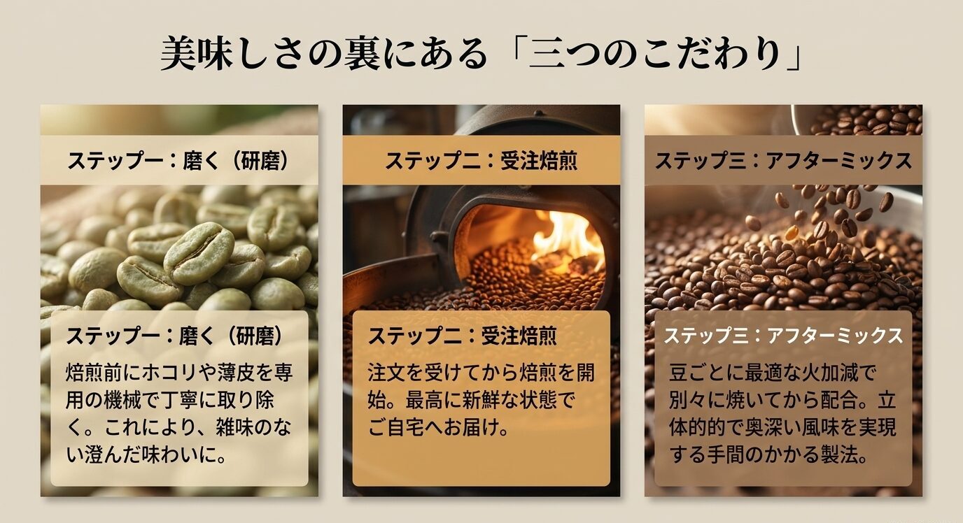 研磨、受注焙煎、アフターミックスというラボカフェの製造工程を3つに分けて説明したスライド