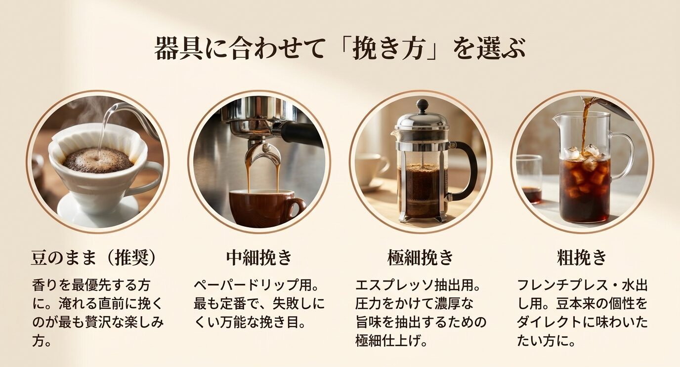 ペーパードリップ、エスプレッソ、フレンチプレス、水出しに合うコーヒー豆の挽き方を示したスライド