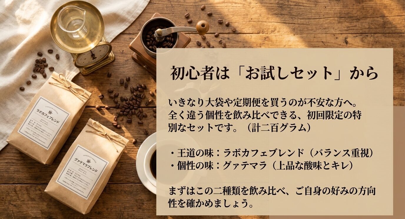 ラボカフェブレンドとグァテマラを飲み比べできる初回限定お試しセットを紹介するスライド