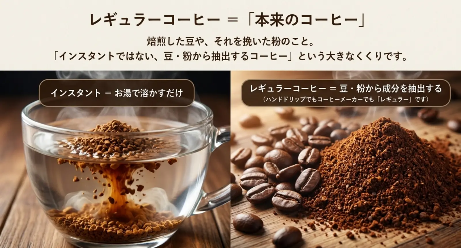 インスタントは溶かすだけ、レギュラーは豆・粉から抽出するという違いを示した図