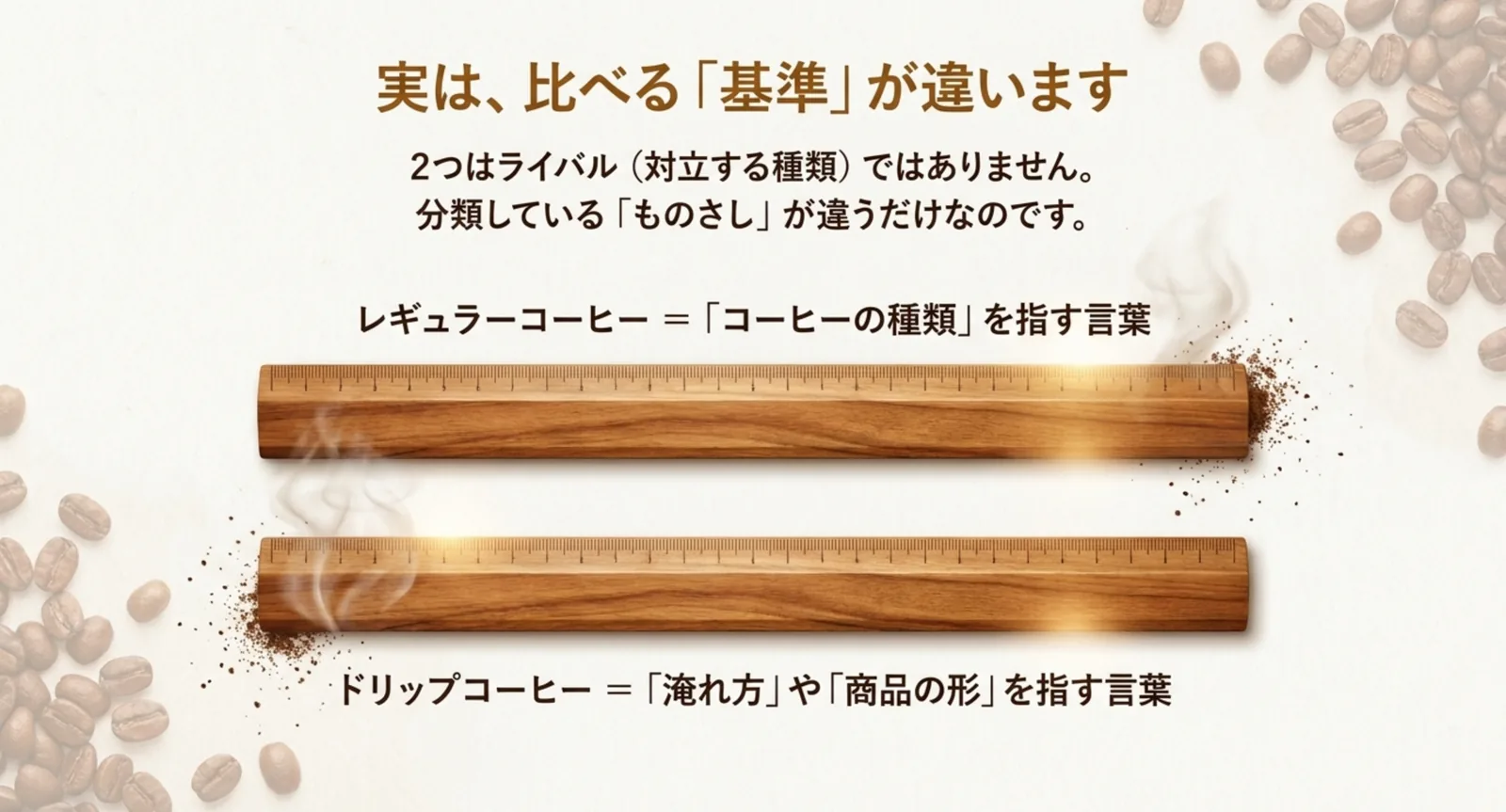レギュラーコーヒーは種類、ドリップコーヒーは淹れ方を指すという比較図