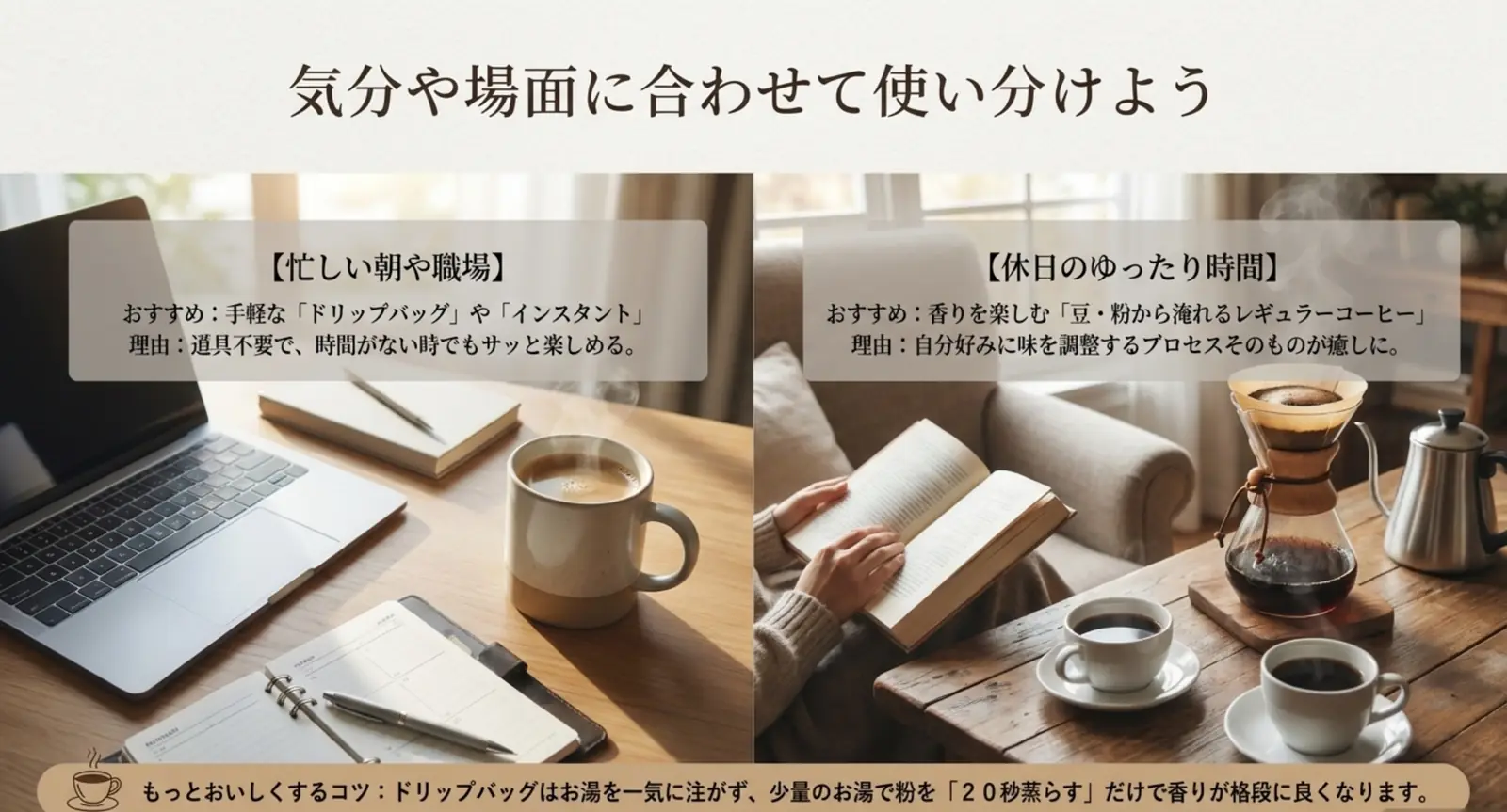 忙しい朝はドリップバッグ、休日は豆から淹れるなどシーン別の使い分けの図