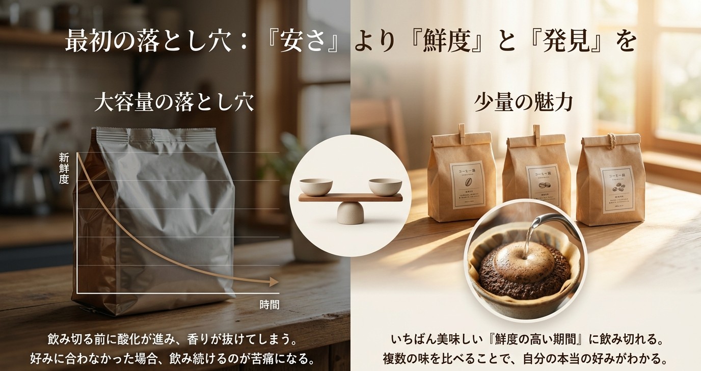 大容量のコーヒー豆は鮮度が落ちやすく、少量なら飲み比べで好みが分かることを示す比較図