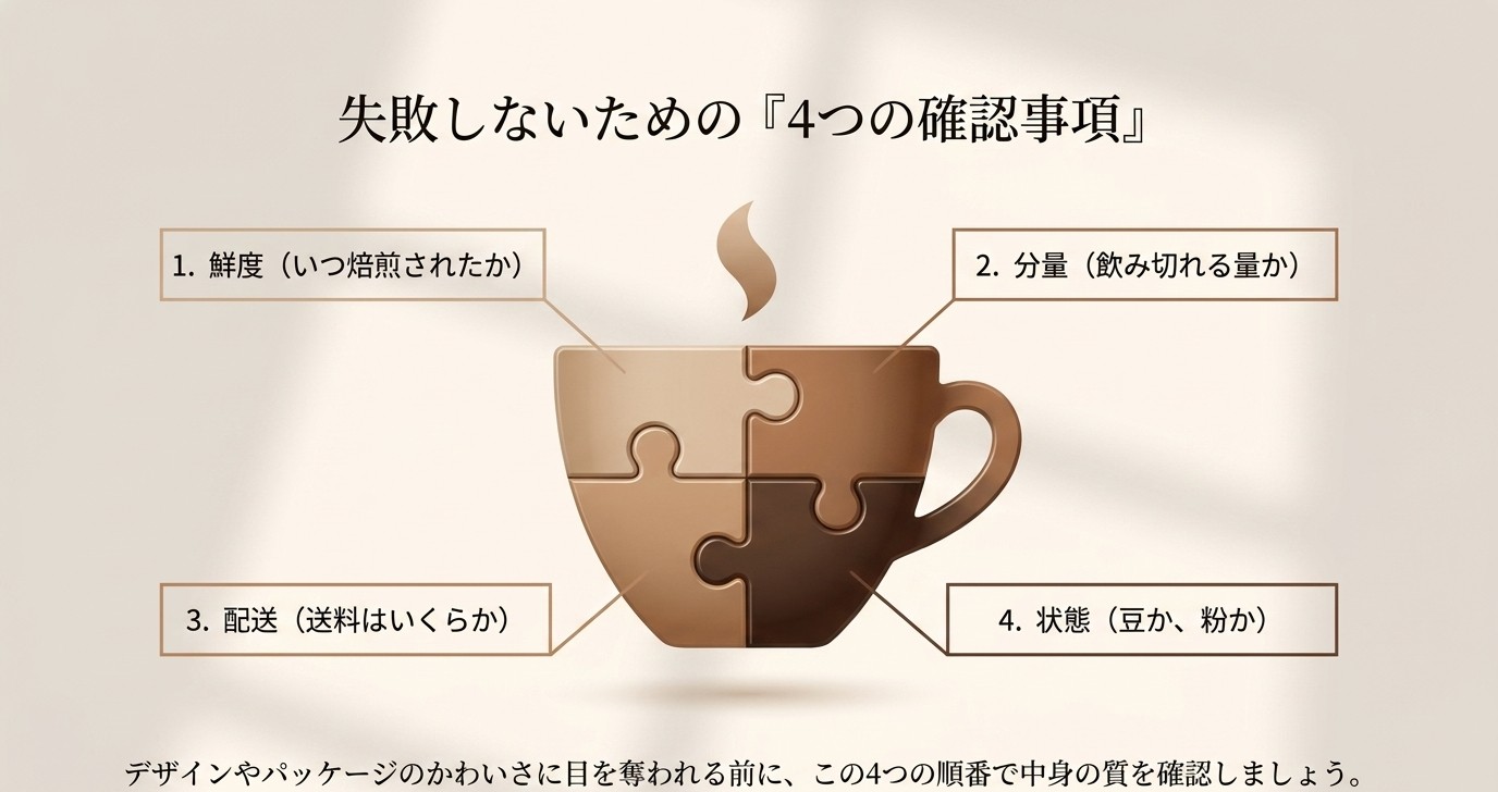 コーヒー豆お試しセットを選ぶときに確認したい鮮度・分量・配送・状態の4項目を示す図