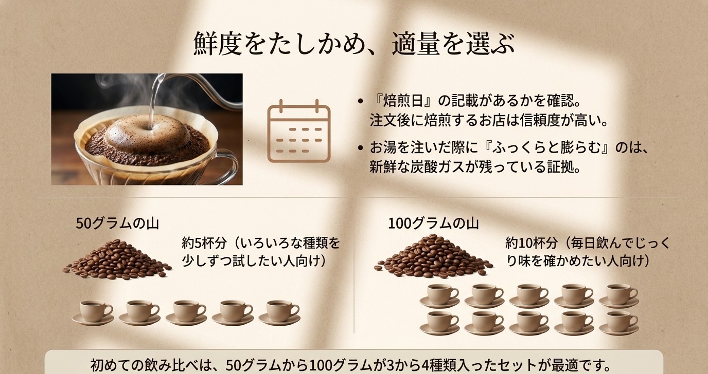 コーヒー豆の焙煎日を確認し、50gと100gの飲み比べ量の目安を比較したスライド