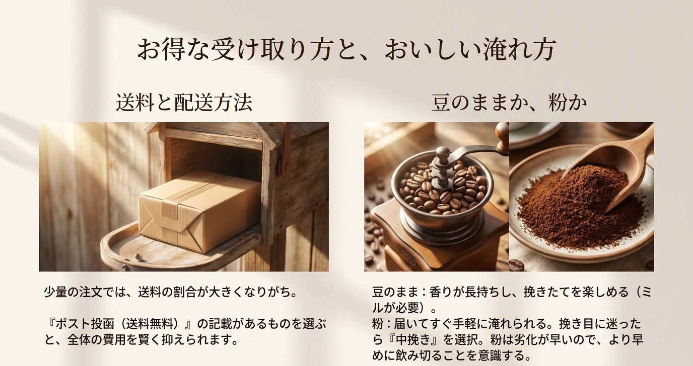 コーヒー豆通販の送料無料条件の見方と、豆のままか粉かを選ぶポイントを示すスライド
