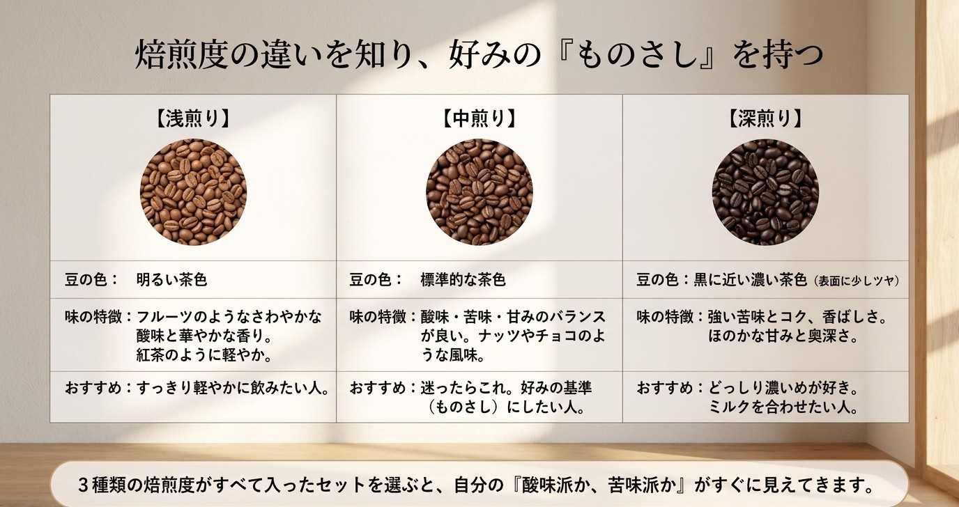 コーヒー豆の浅煎り・中煎り・深煎りの色や味わいの違いを比較したスライド