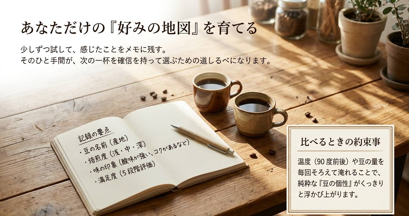 飲んだコーヒーの感想を記録して好みの傾向をつかむコツを示すスライド