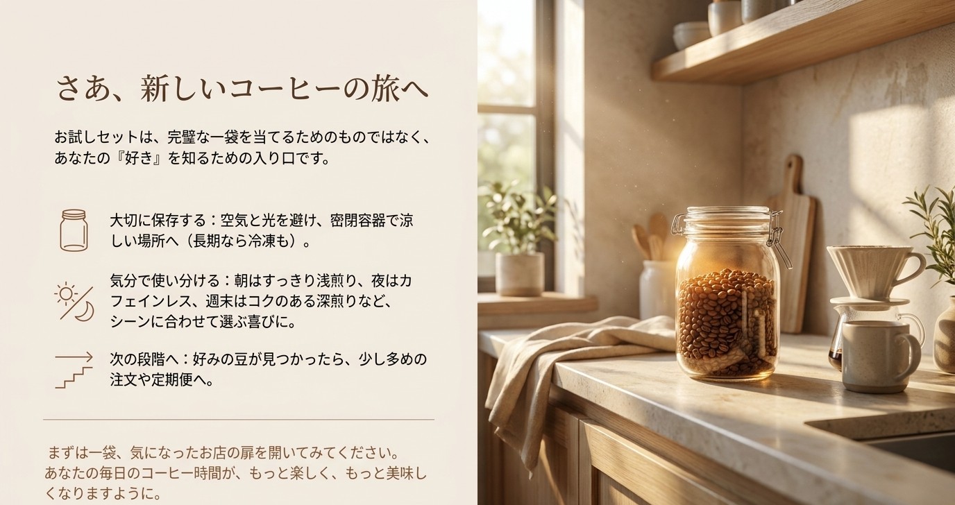 お試しセットから始めて自分好みのコーヒーを見つける流れをまとめたスライド