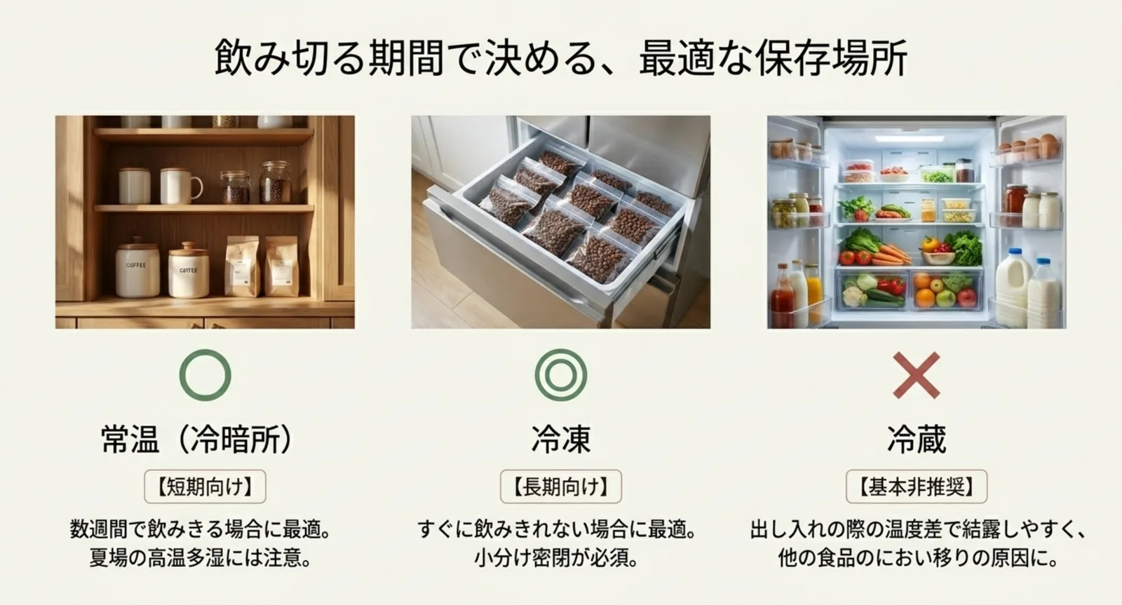 常温・冷凍・冷蔵それぞれの向き不向きと注意点を示した図