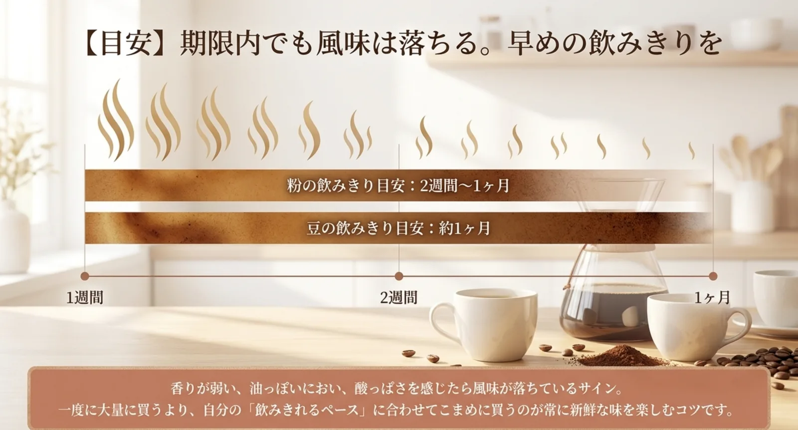 粉は2週間〜1か月、豆は約1か月という飲みきり目安を示した図