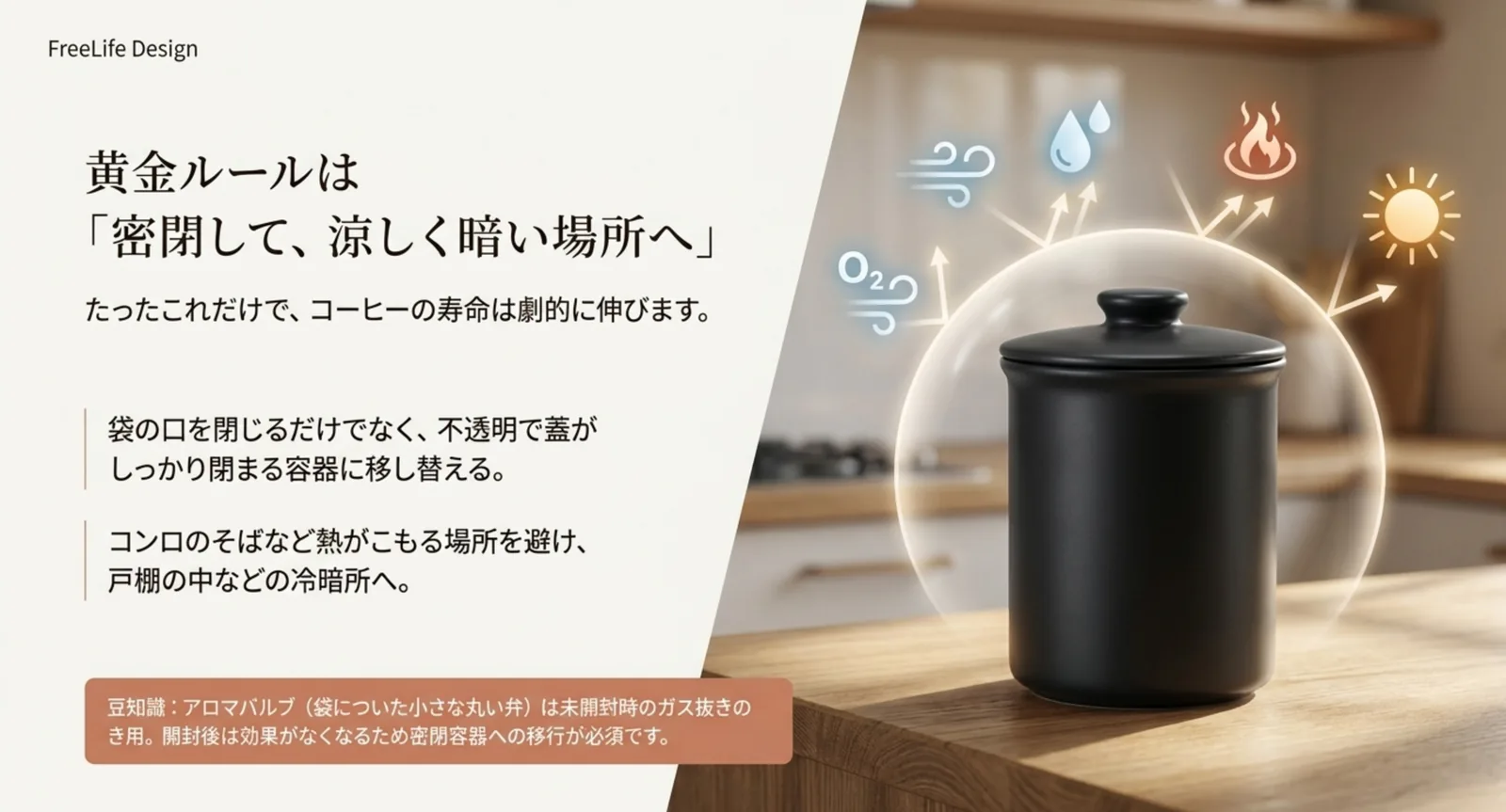 密閉容器に入れて冷暗所に保存するコーヒー保存の基本を示した図