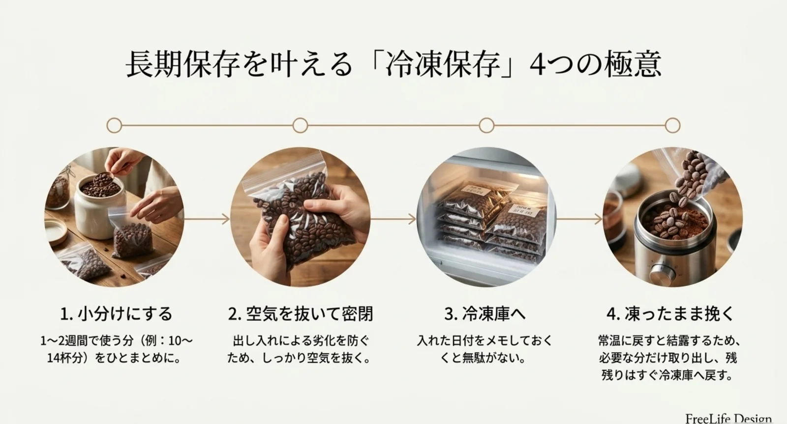 小分け・空気を抜いて密閉・冷凍庫・凍ったまま挽くという冷凍保存の手順を示した図