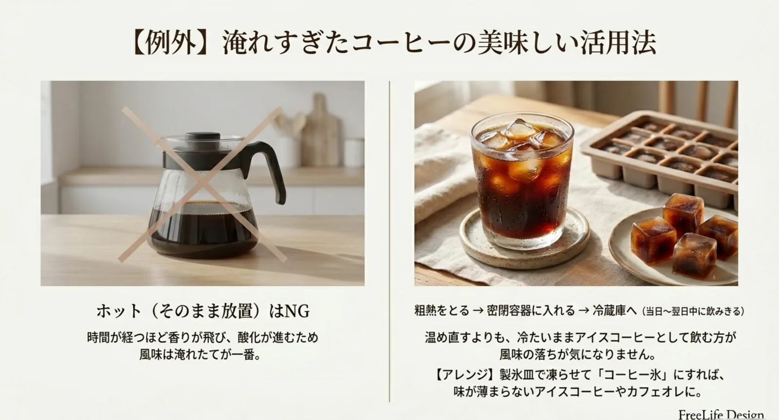ホット放置はNG、冷蔵してアイスやコーヒー氷で活用する方法を示した図