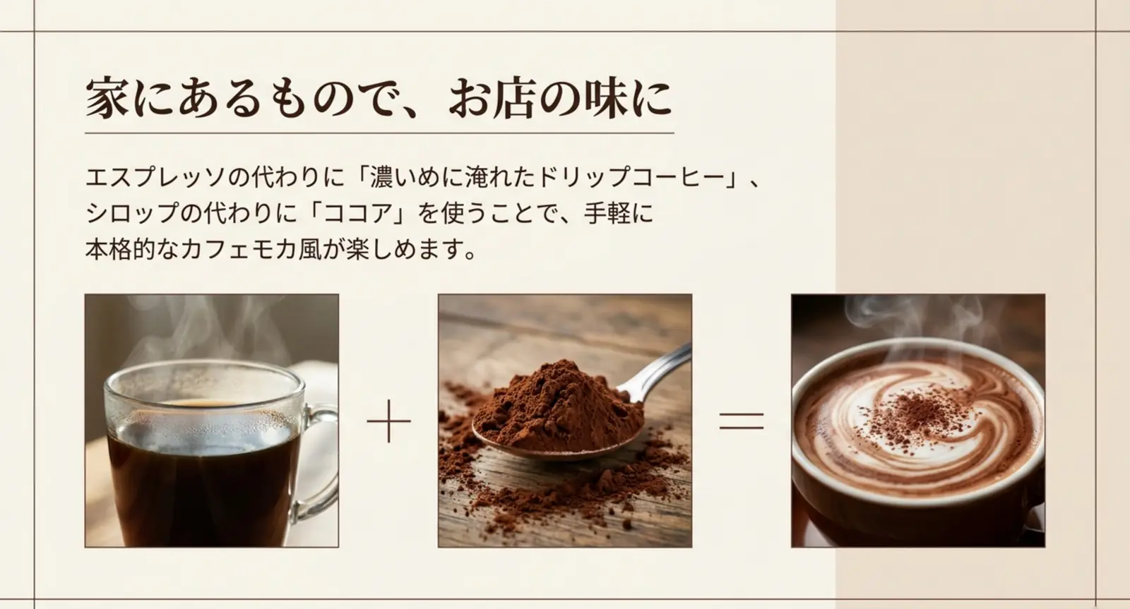 濃いめのドリップコーヒーとココアを合わせてカフェモカ風にする様子