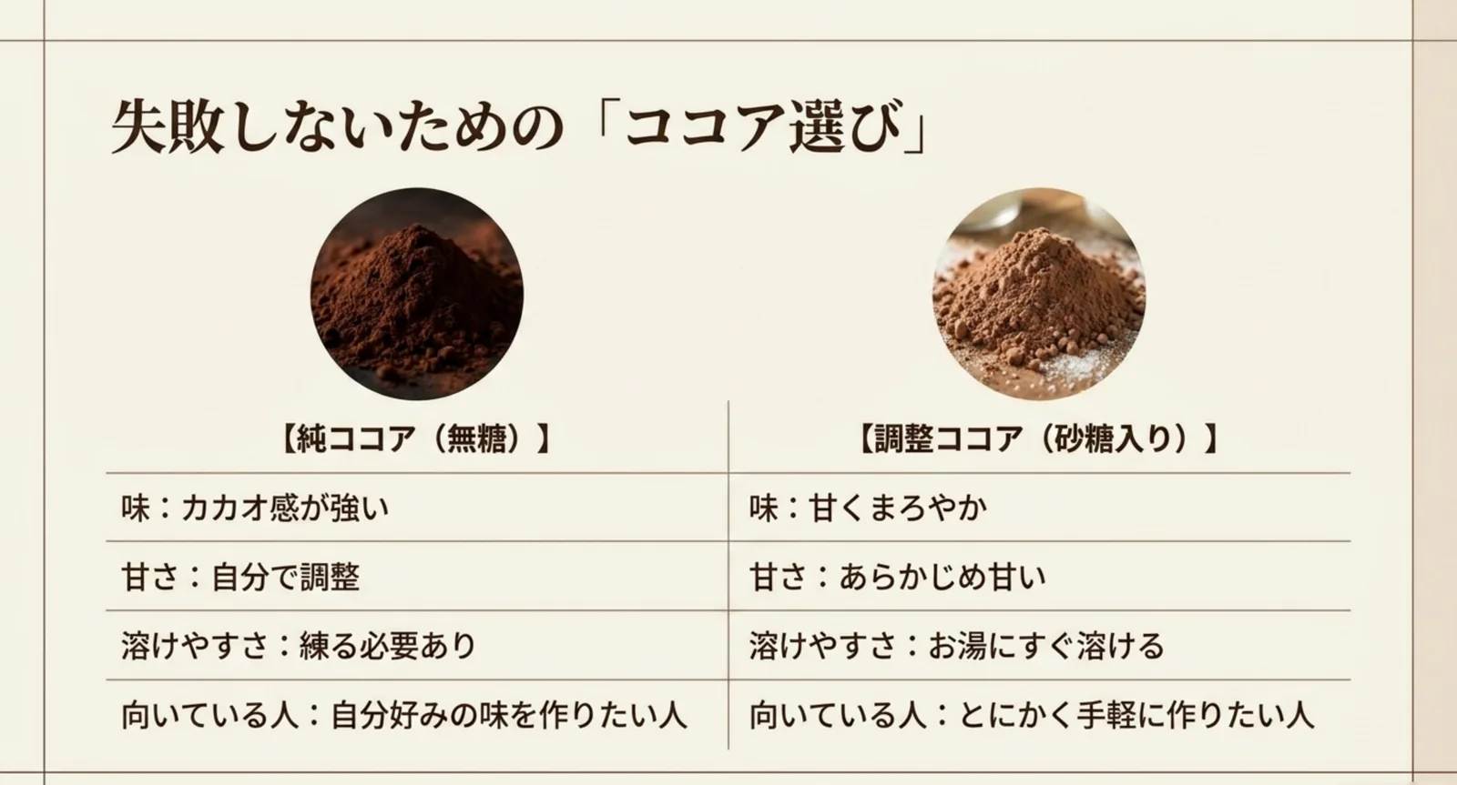 純ココアと調整ココアの味や甘さ、溶けやすさの違いを比較した表
