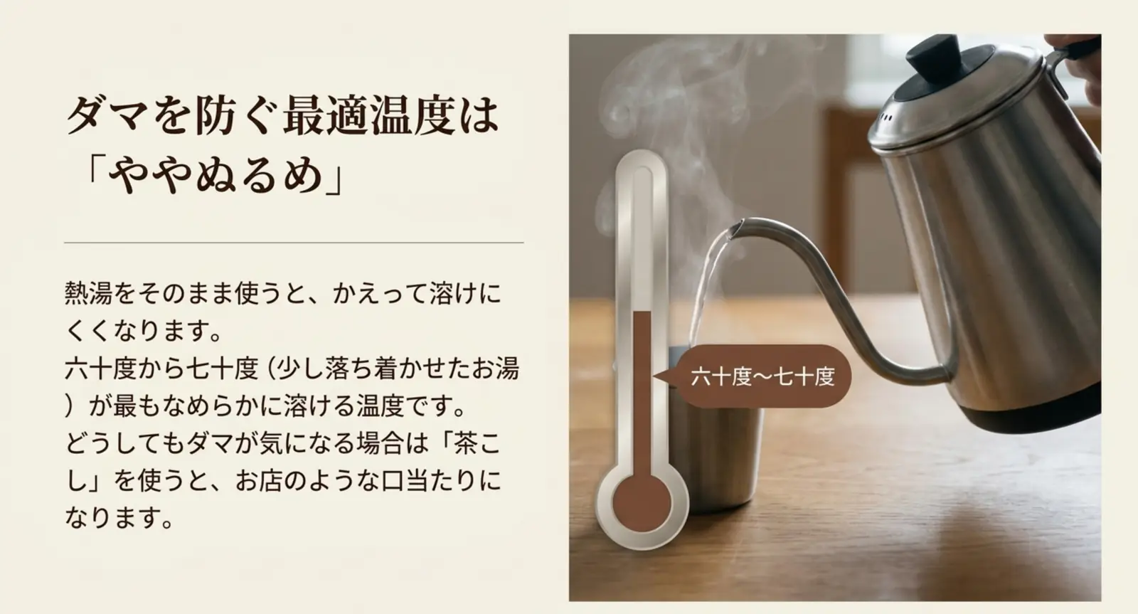 ココアがダマにならない60〜70度のぬるめのお湯で淹れる様子