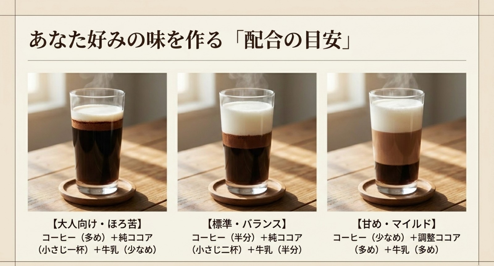 ビター・バランス・マイルドの3タイプで見るコーヒーとココアの配合の目安