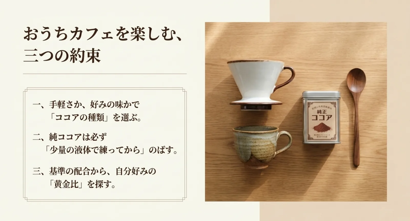 ココア選び・先に練る・配合の黄金比というまとめのポイント