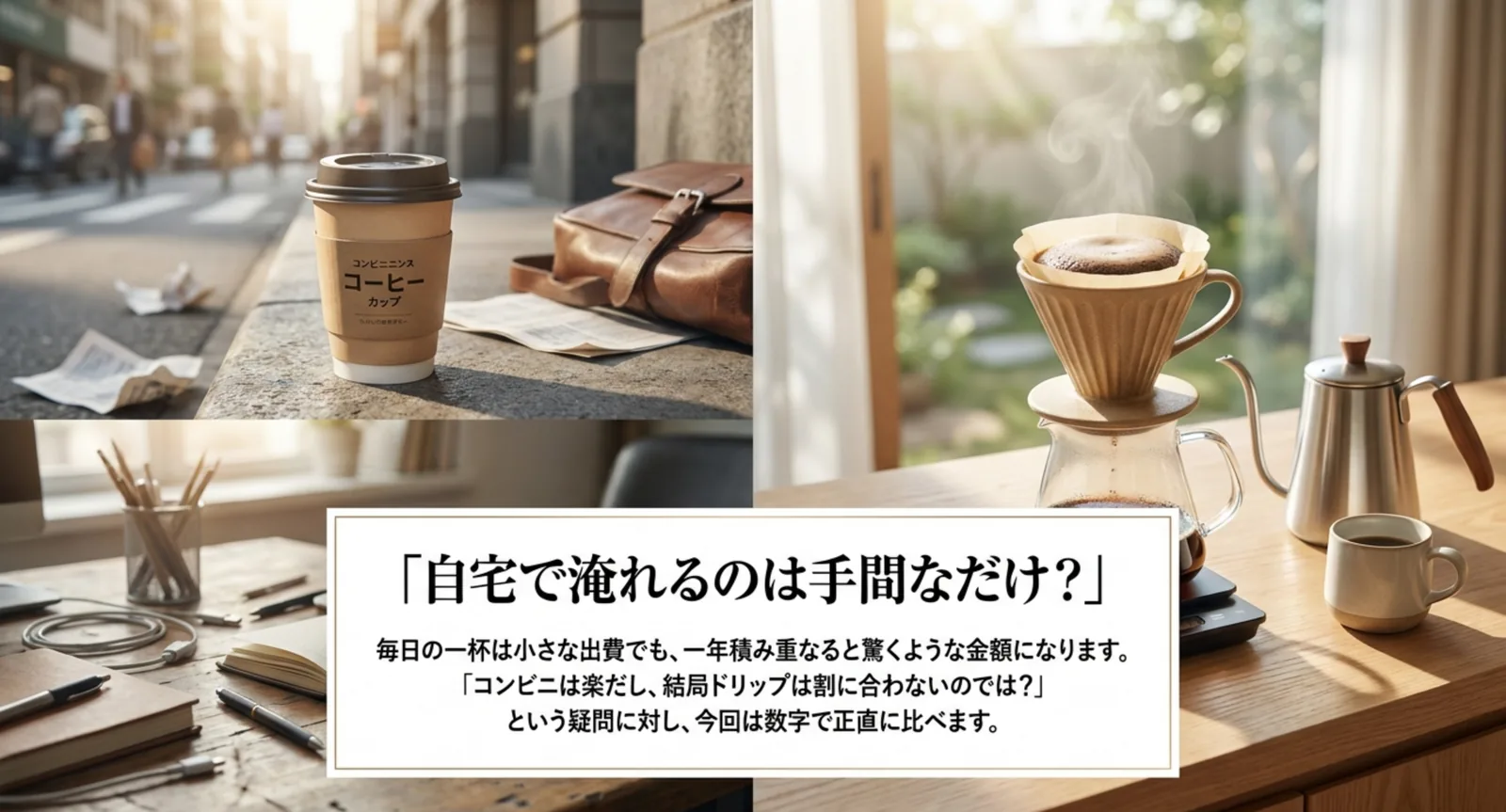コンビニのコーヒーとハンドドリップ器具を並べた比較イメージ