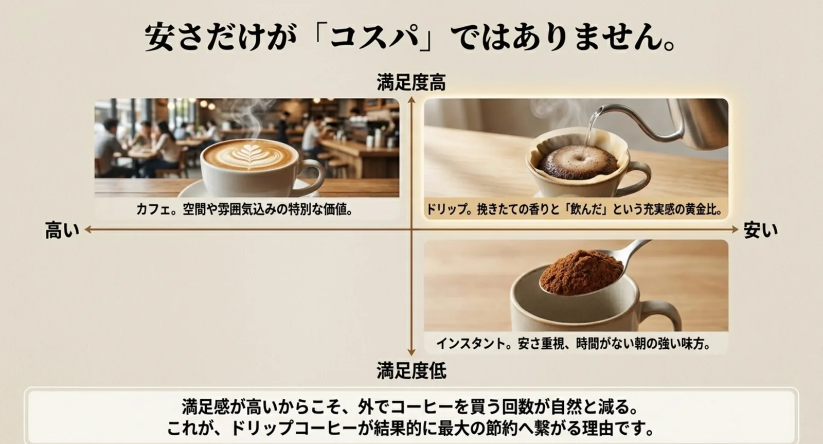 カフェ・ドリップ・インスタントを満足度と安さの2軸で比べた図