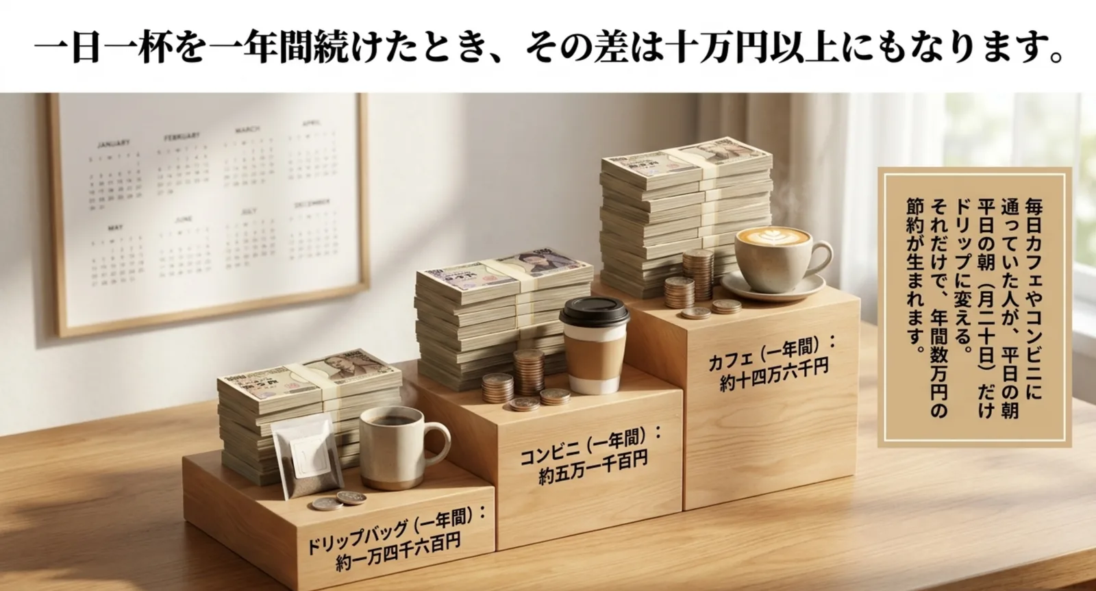 ドリップバッグ・コンビニ・カフェの年間コーヒー代を比べたイメージ
