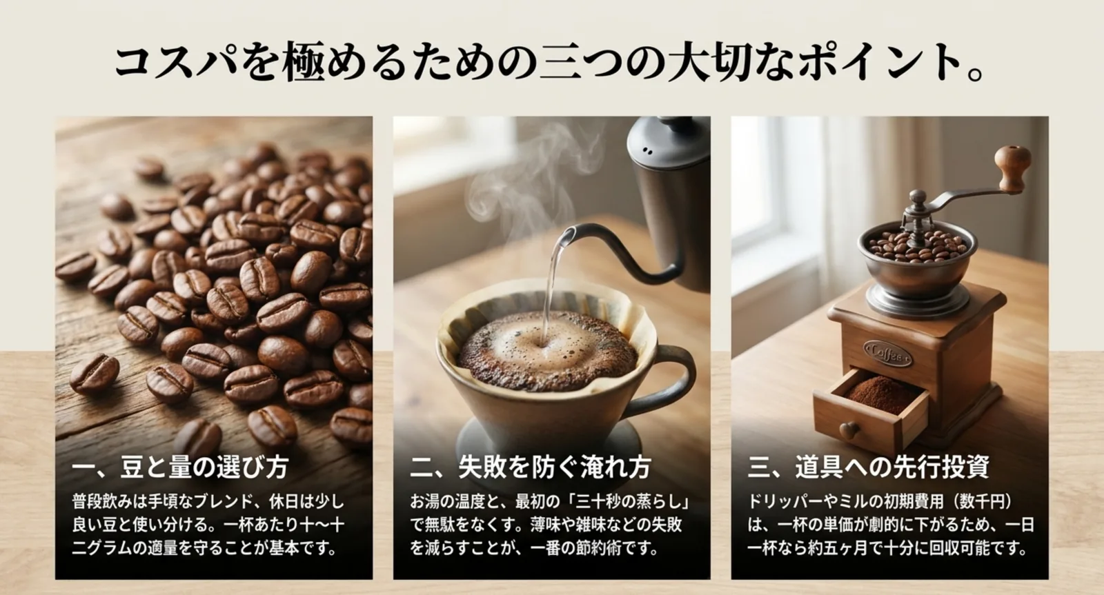コーヒー豆・ハンドドリップ・コーヒーミルの3つの要素を並べた図
