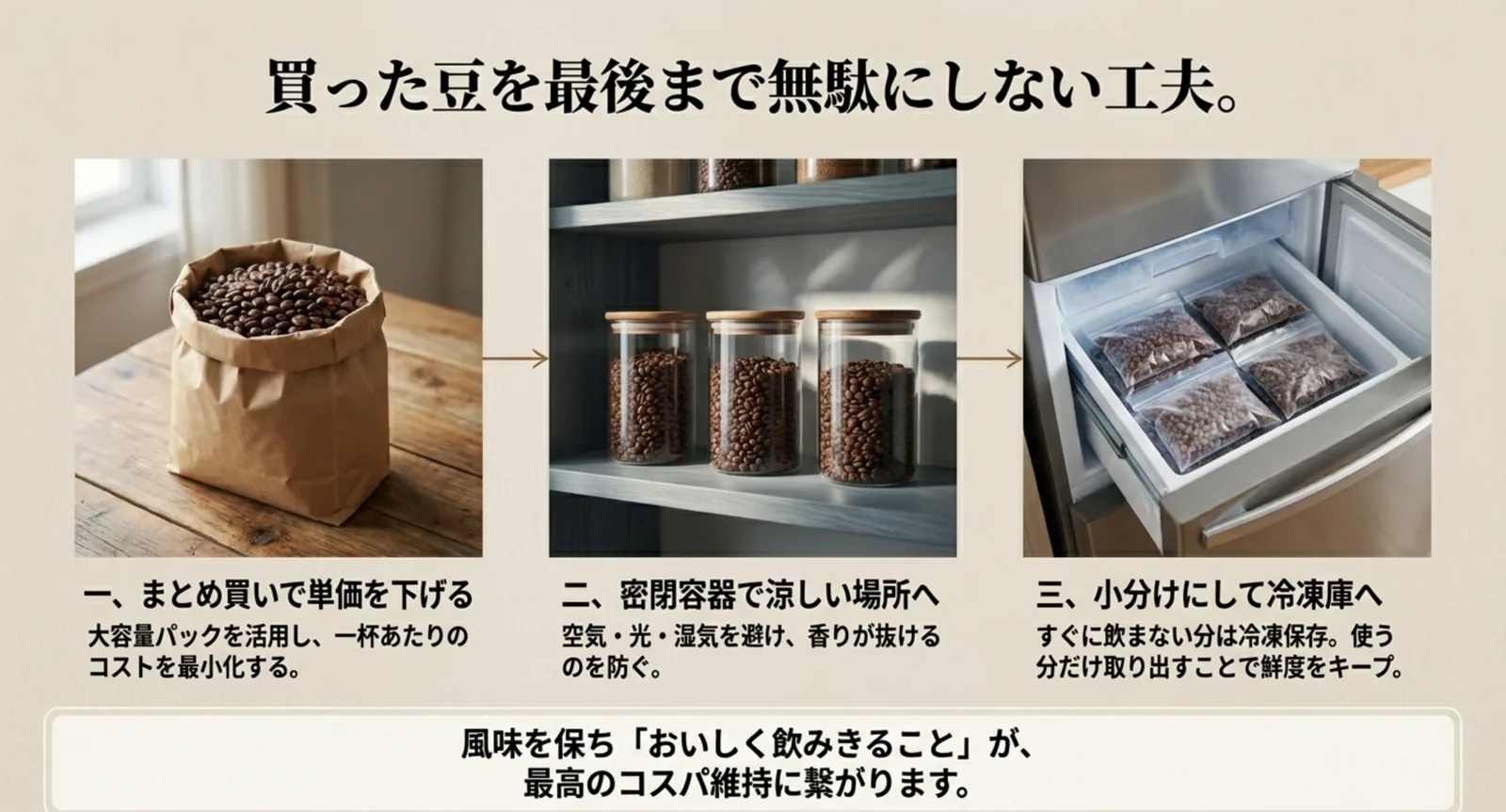 まとめ買い・密閉容器・小分け冷凍によるコーヒー豆の保存方法のイメージ