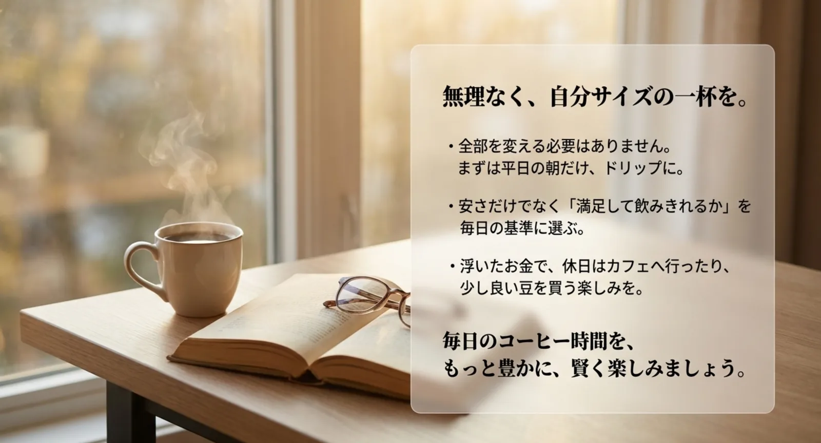 窓辺のマグカップと本でくつろぐ朝のイメージ
