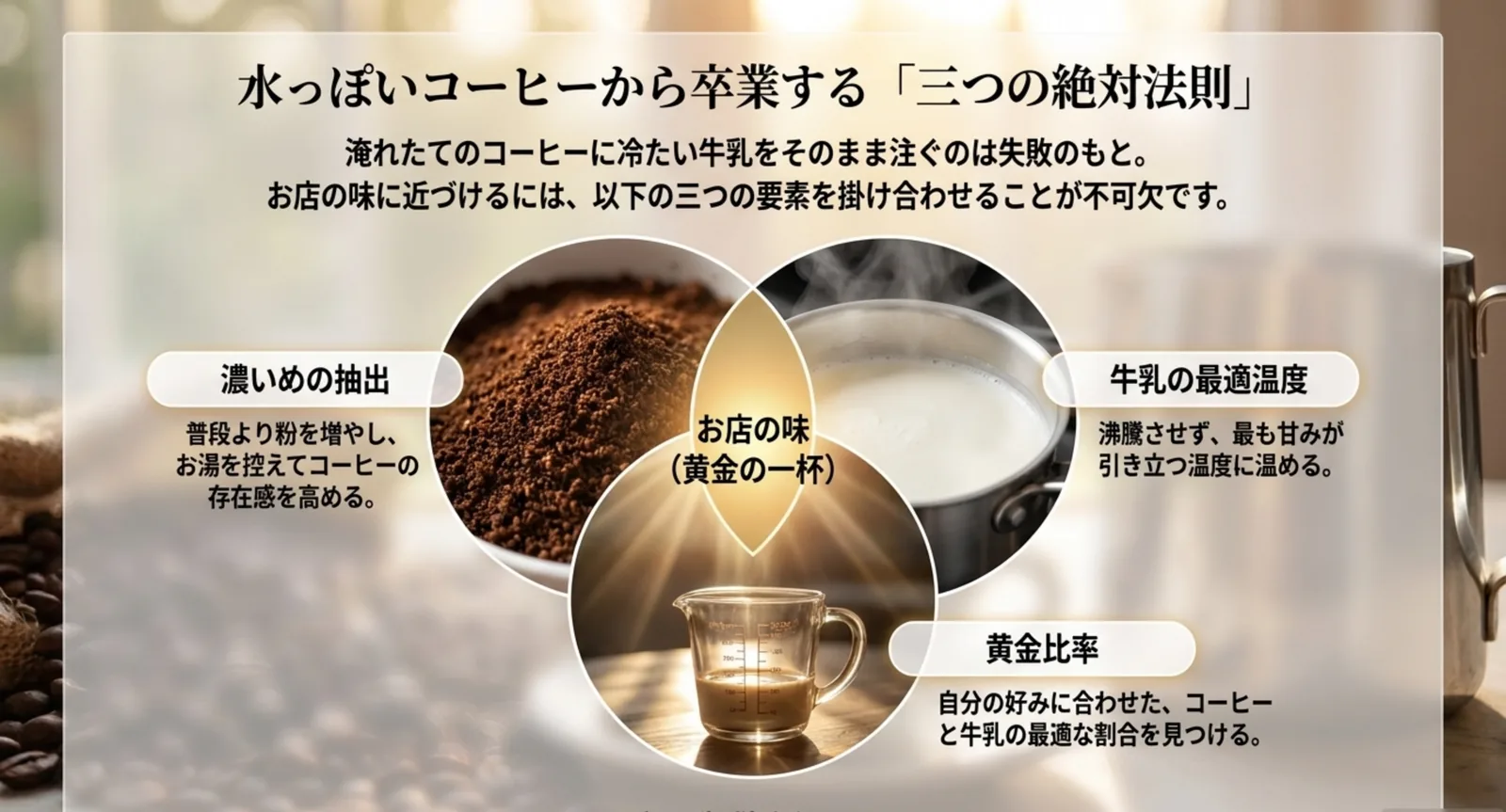 濃いめの抽出と牛乳の温度と黄金比率を示した図