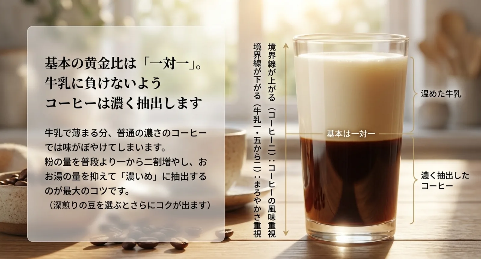 グラスの中でコーヒーと牛乳が1対1に分かれた様子